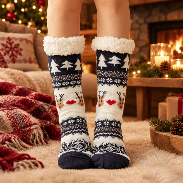 Chaussettes de Nuit Renne — chaussettes de nuit antidérapantes en peluche, Renne Cœur Bleu Marine