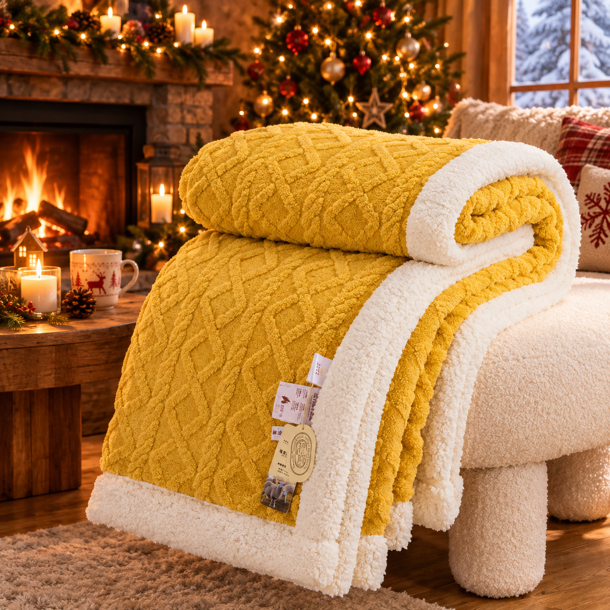 Plaid Sherpa Nordique — plaid polaire double face sherpa, Jaune