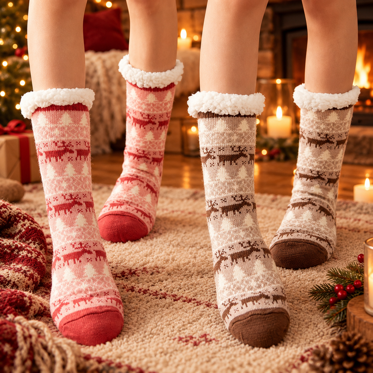 Chaussettes de Nuit Renne — chaussettes de nuit antidérapantes en peluche, Renne Rose