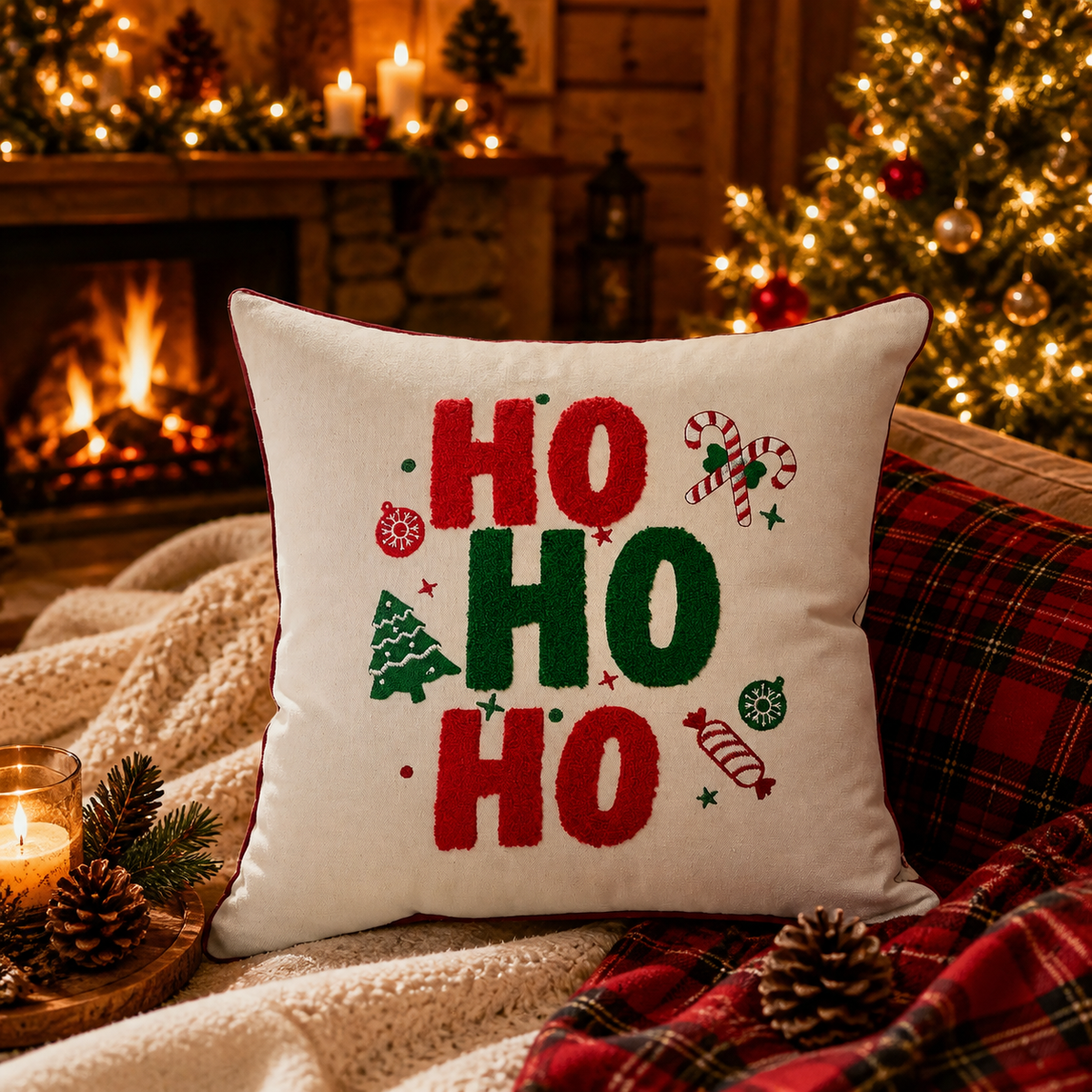 Housse de Coussin Brodée Veillée — housse brodée 45 × 45 cm, HO HO HO