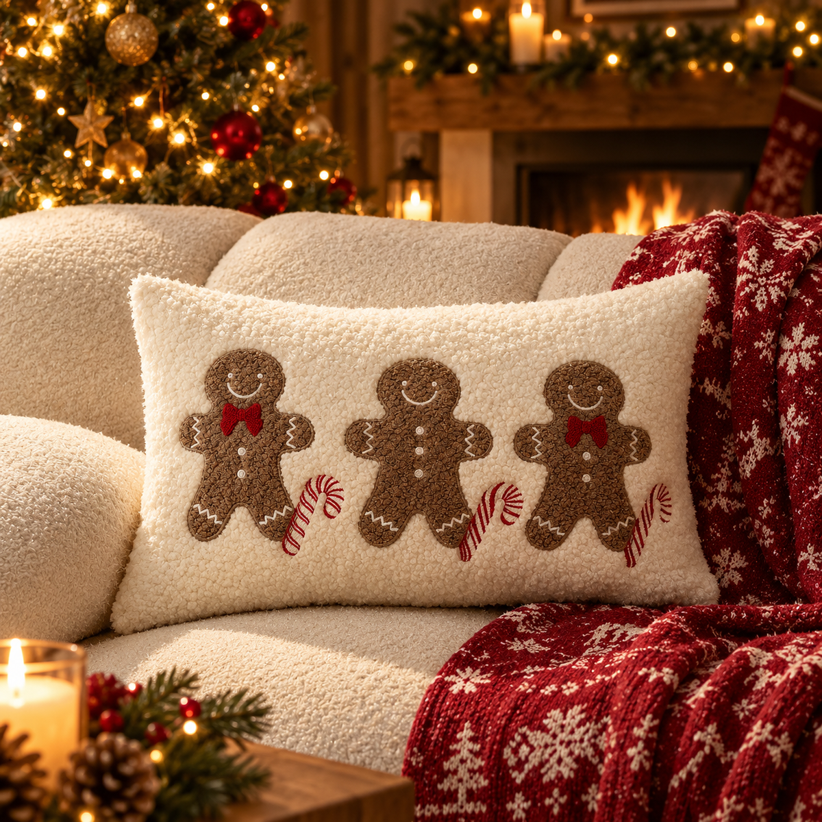 Housse de Coussin Brodée Veillée — housse brodée 30 × 50 cm, bonshommes en pain d'épices