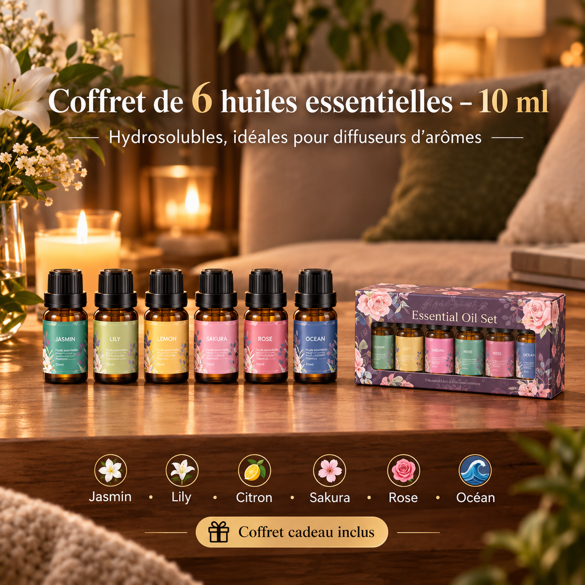 Diffuseur Bois Veillée — diffuseur d'huiles essentielles finition bois, Huiles seules — coffret de 6 (sans diffuseur)