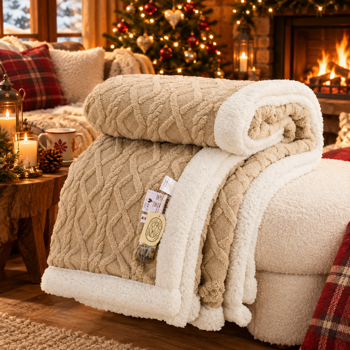Plaid Sherpa Nordique — plaid polaire double face sherpa, Kaki