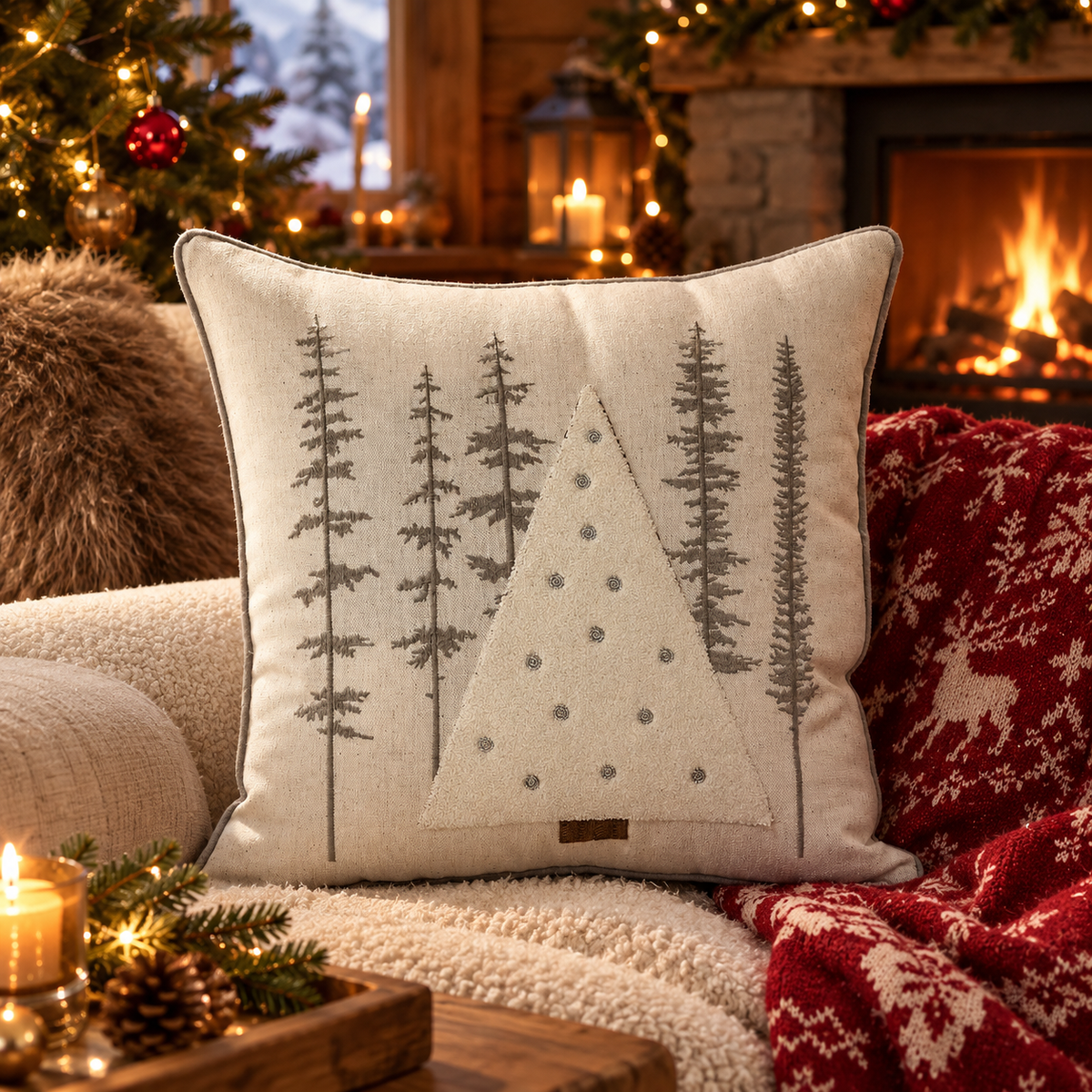 Housse de Coussin Brodée Veillée — housse brodée 45 × 45 cm, forêt de sapins
