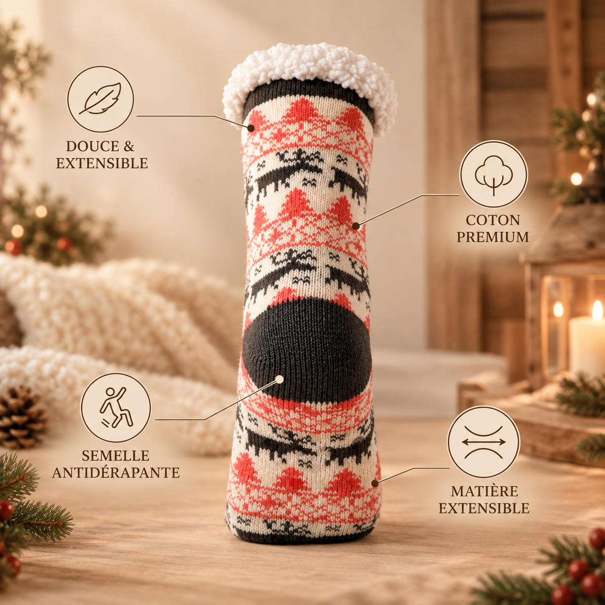 Chaussettes de Nuit Renne — chaussettes de nuit antidérapantes en peluche, vue 5