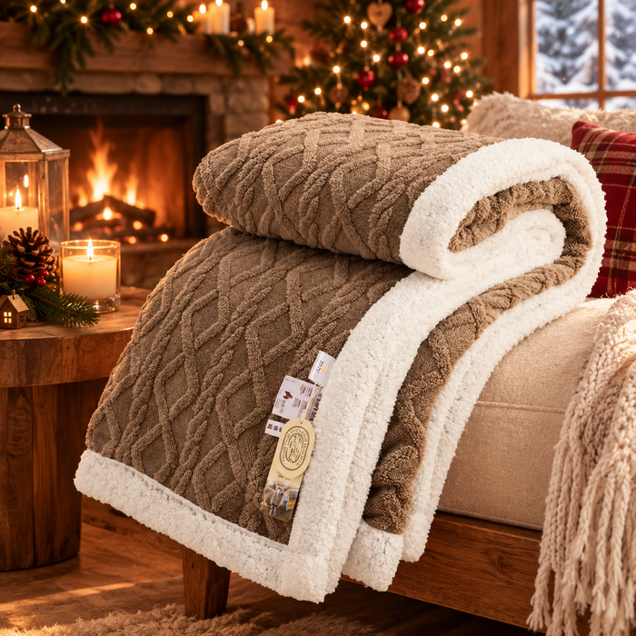 Plaid sherpa double face sur un canapé