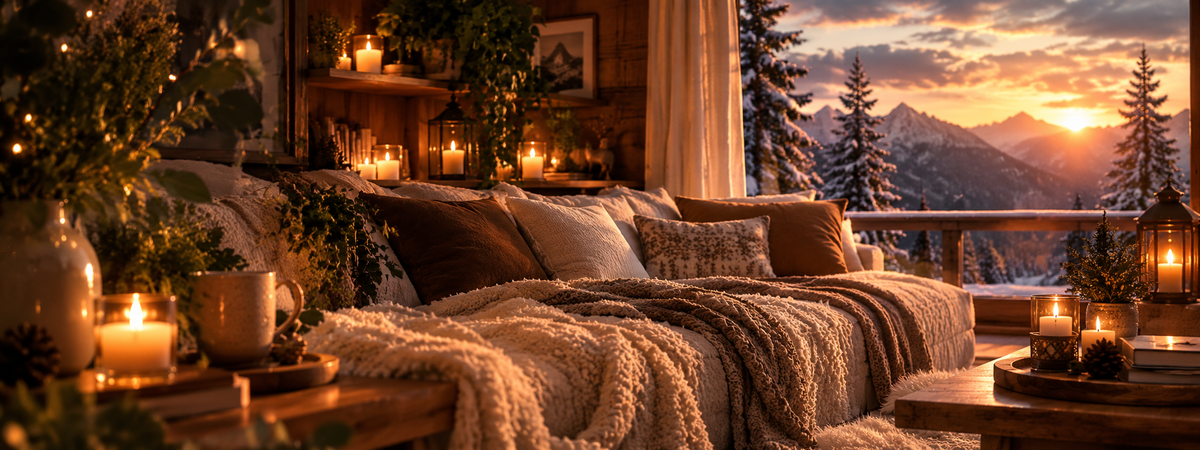 Canapé de chalet couvert de plaids et de coussins, bougies allumées et coucher de soleil sur les montagnes enneigées