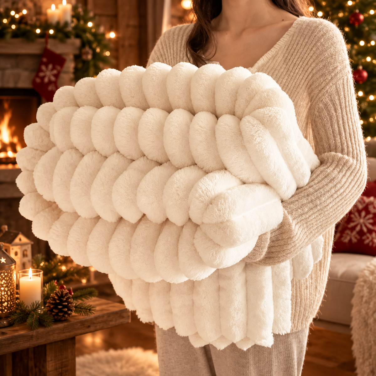 Plaid Rayé Chamonix — plaid polaire à rayures, Beige