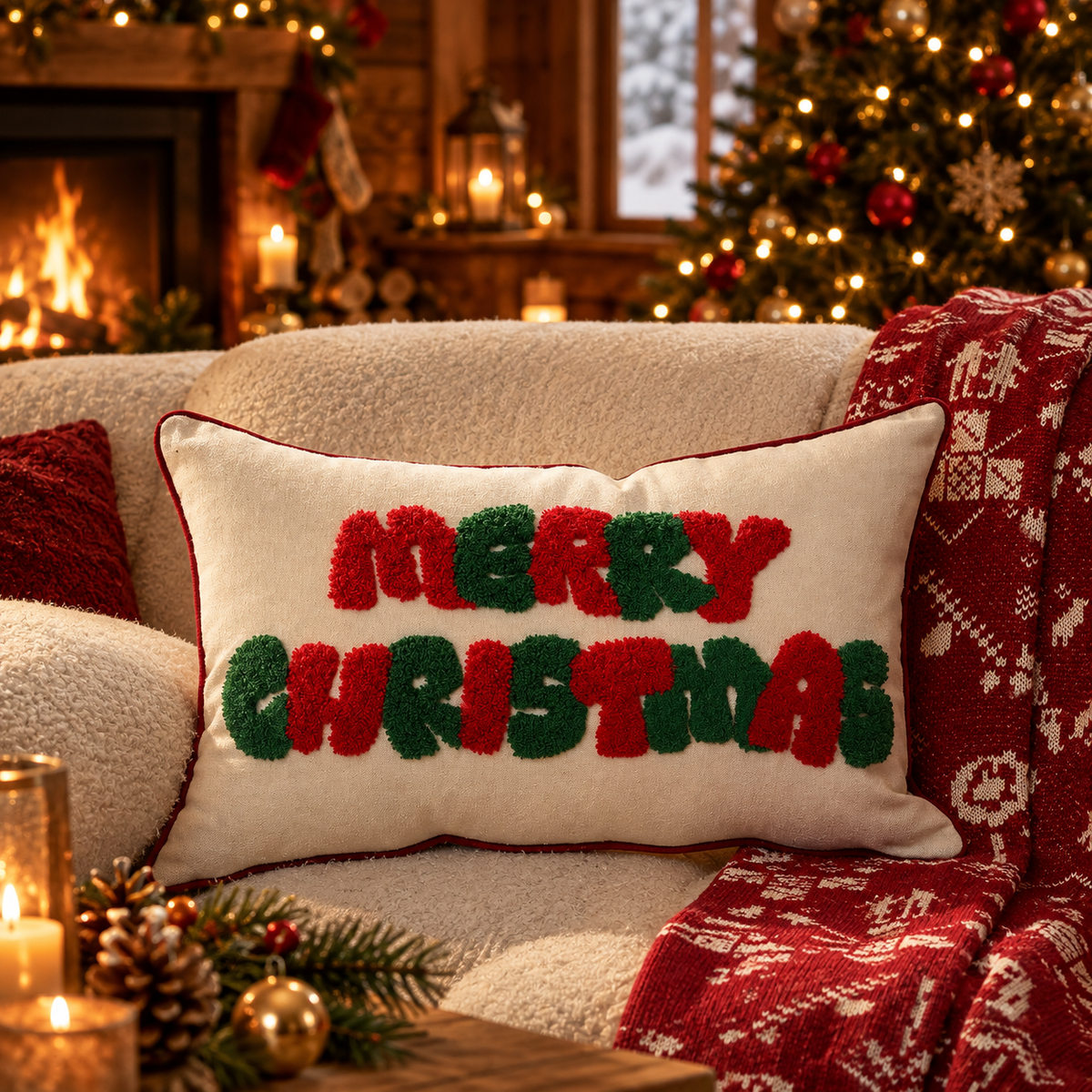 Housse de Coussin Brodée Veillée — housse brodée 30 × 50 cm, Merry Christmas grosses lettres