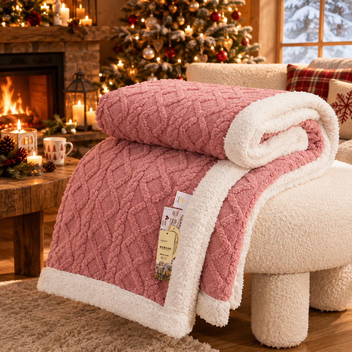 Plaid Sherpa Nordique — plaid polaire double face sherpa, Mauve Pâle