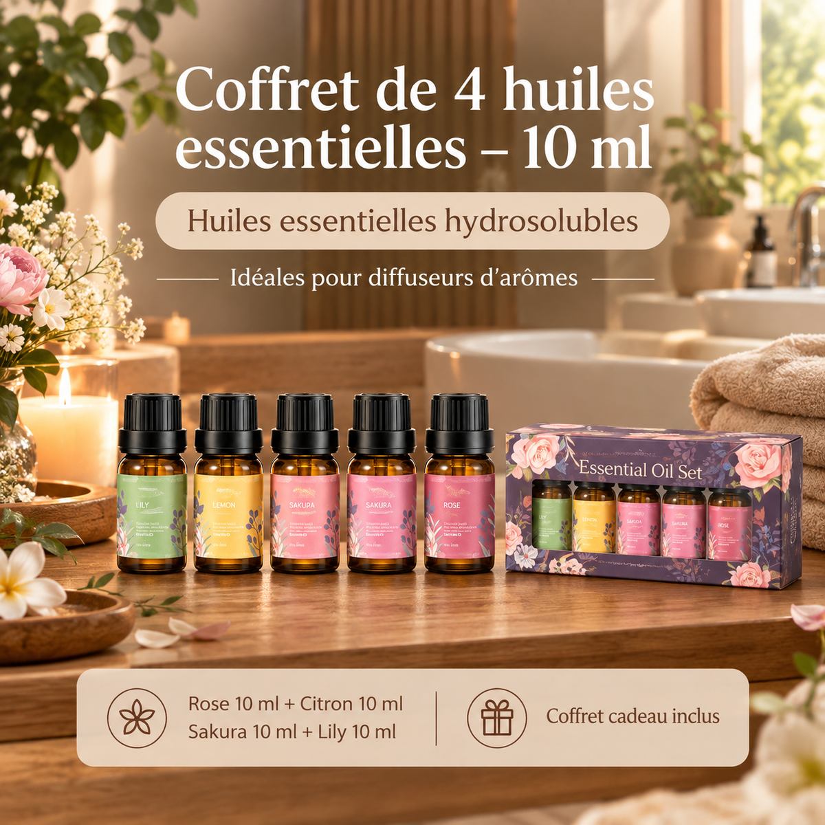 Diffuseur Bois Veillée — diffuseur d'huiles essentielles finition bois, Huiles seules — coffret de 4 (sans diffuseur)
