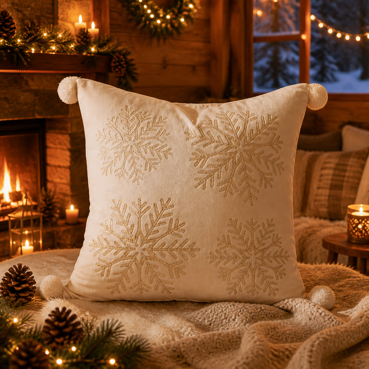 Housse de Coussin Brodée Veillée — housse brodée 45 × 45 cm, grand flocon écru