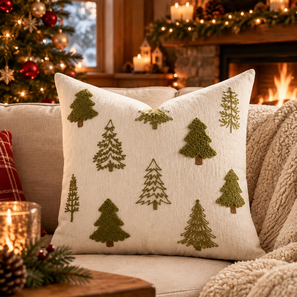 Housse de Coussin Brodée Veillée — housse brodée 45 × 45 cm, sapins verts