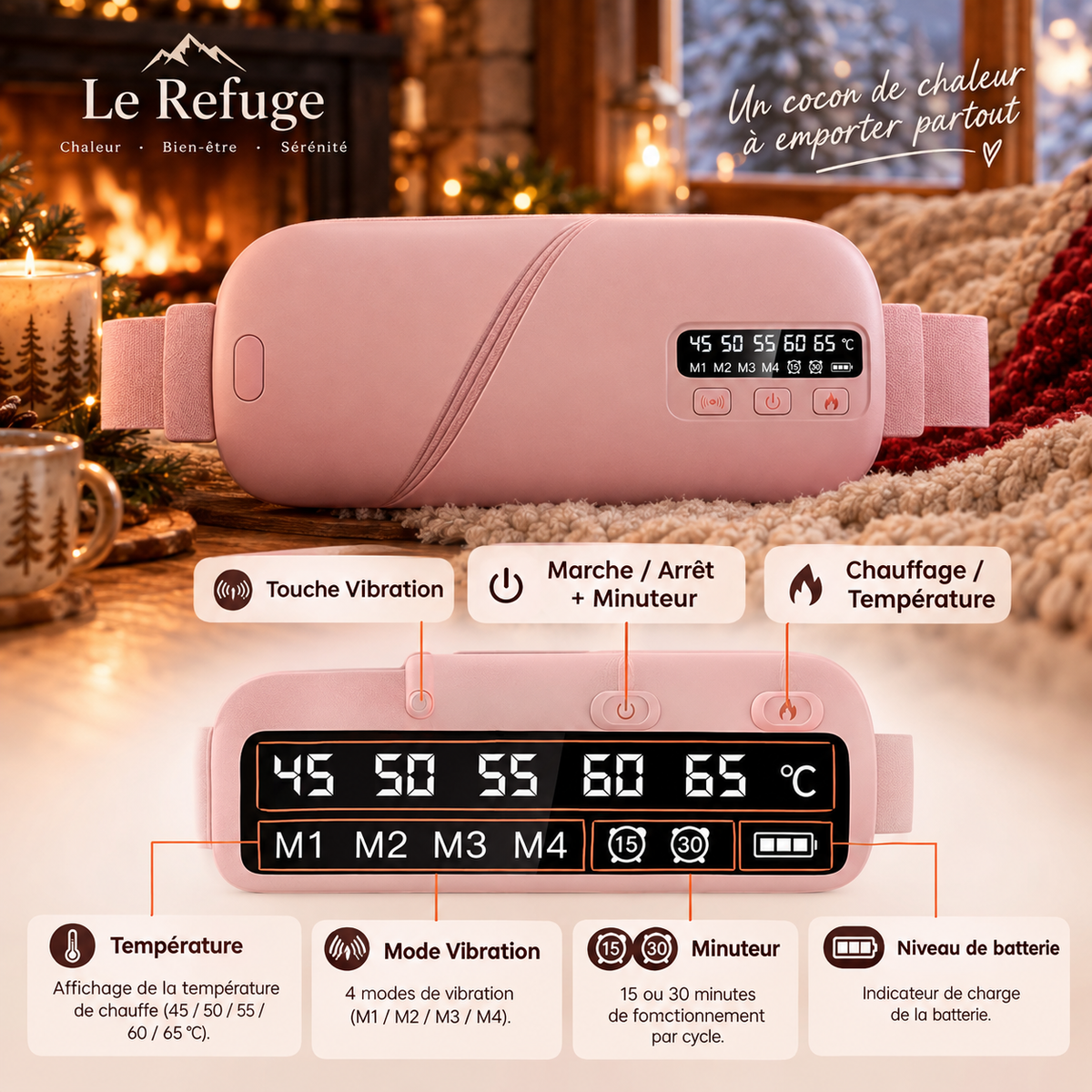 Ceinture Chauffante Apaise — ceinture chauffante USB, Modèle 3 — Rose