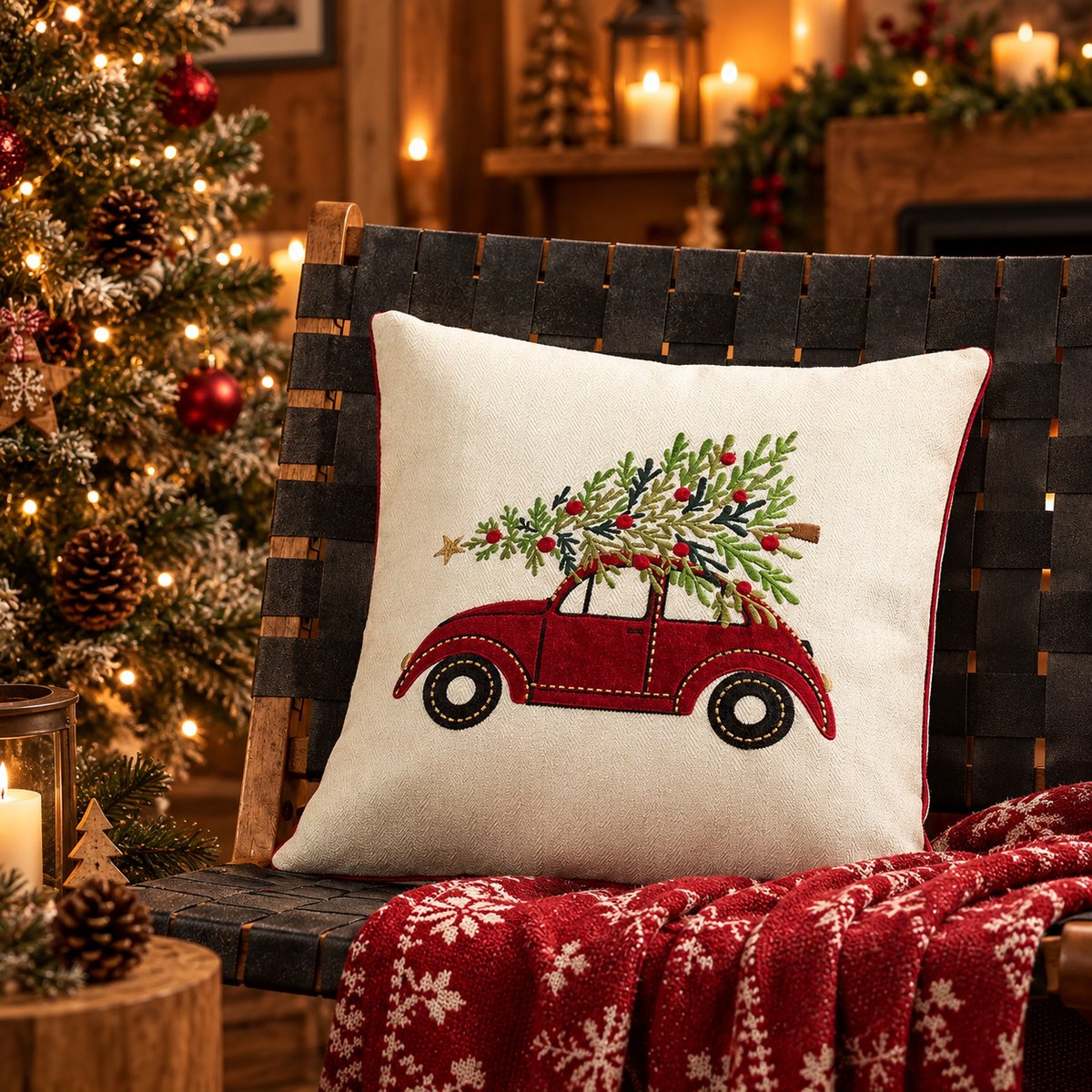 Housse de Coussin Brodée Veillée — housse brodée 45 × 45 cm, voiture et sapin