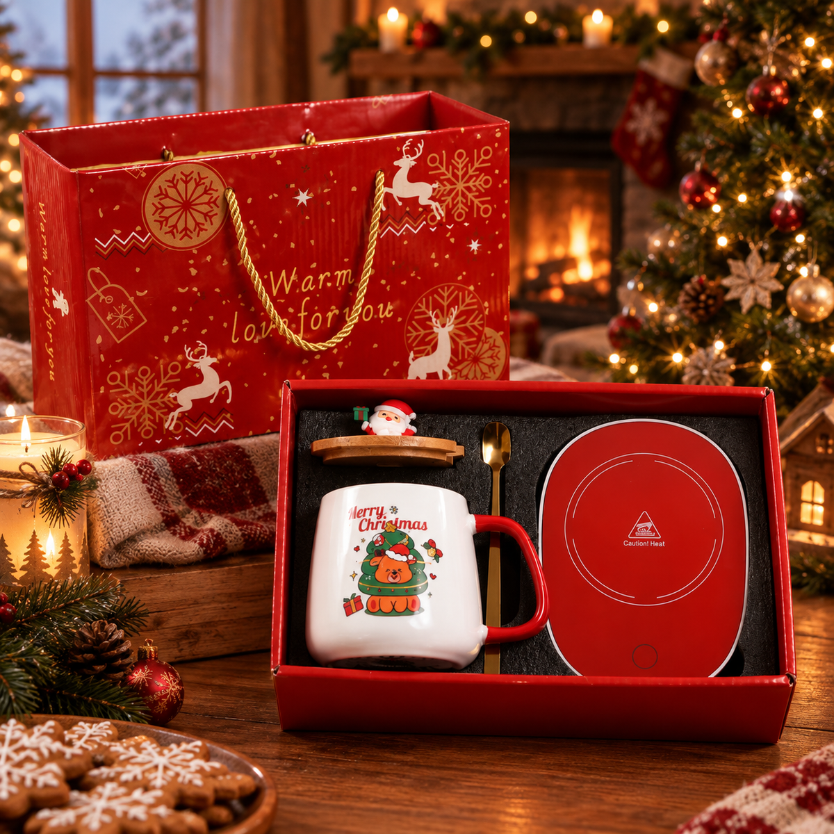 Coffret Mug Chauffant Veillée — coffret mug avec couvercle en bois et chauffe-tasse, vue 4
