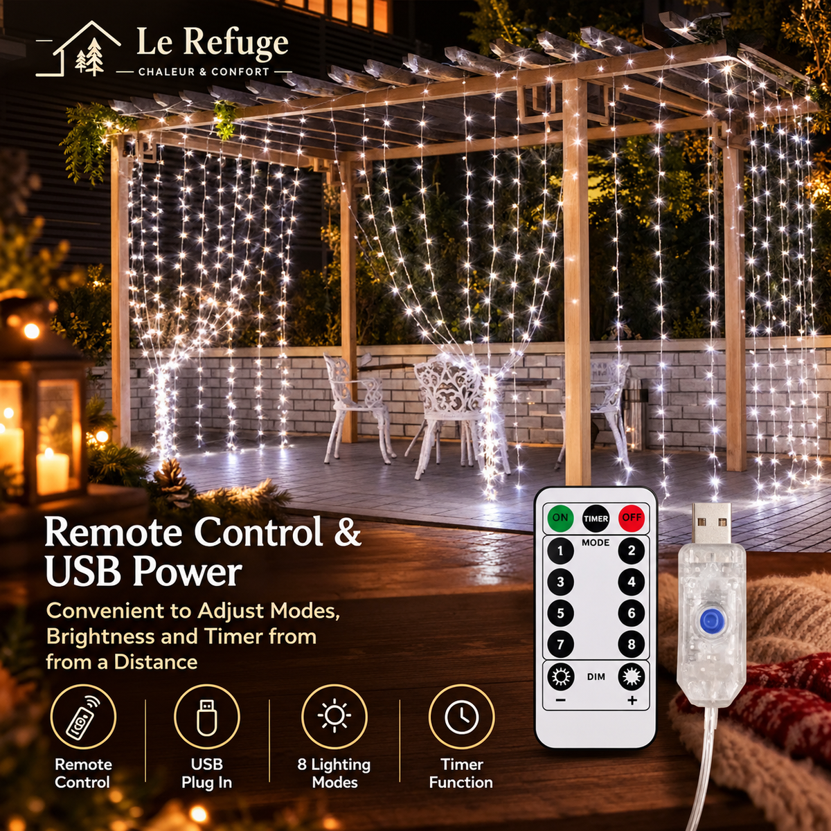 Rideau Lumineux Constellation — rideau lumineux LED USB, blanc froid 3 × 2 m, 200 LED