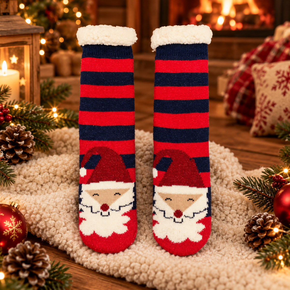 Chaussettes de Nuit Renne — chaussettes de nuit antidérapantes en peluche, Père Noël Bleu Marine