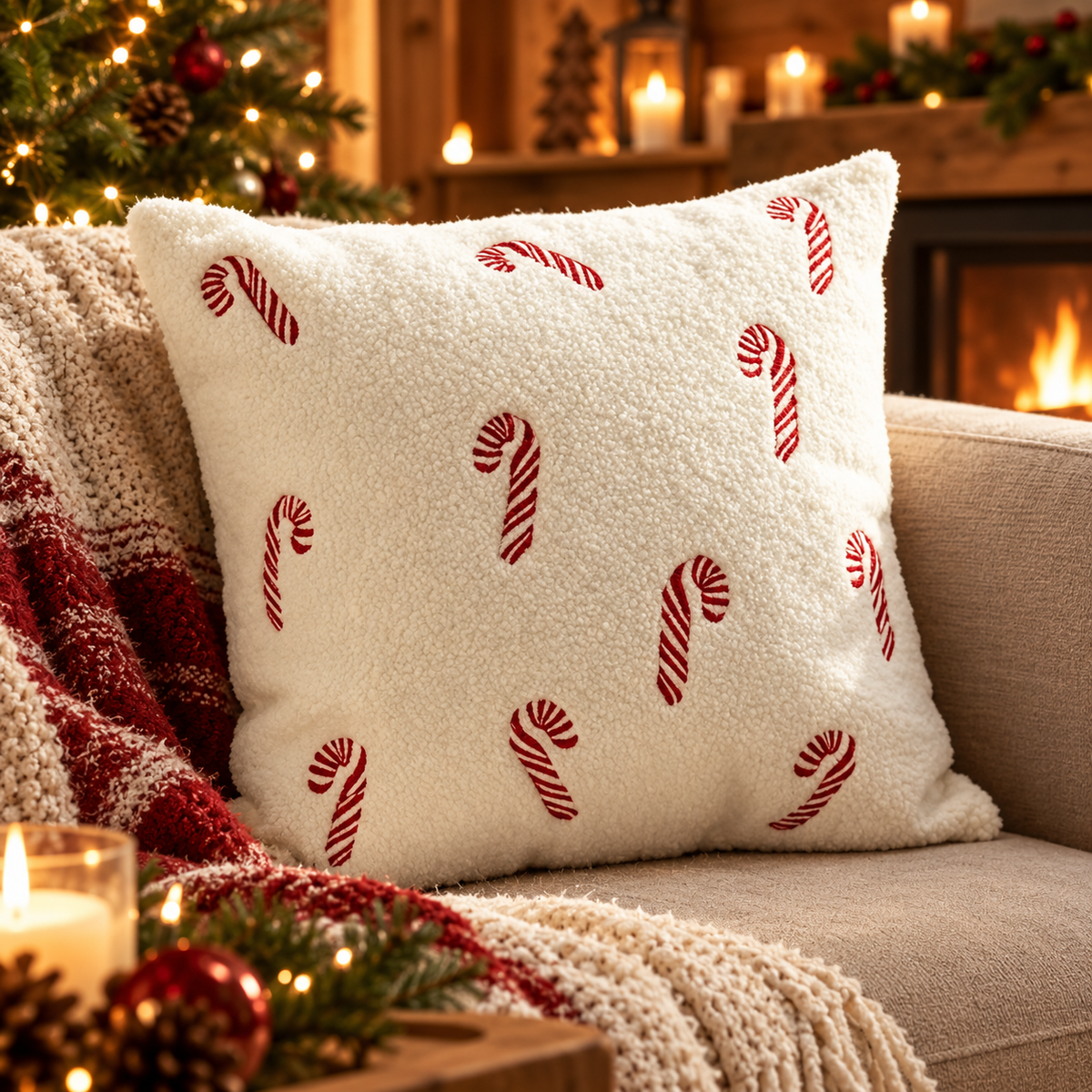 Housse de Coussin Brodée Veillée — housse brodée 45 × 45 cm, cannes en sucre d'orge