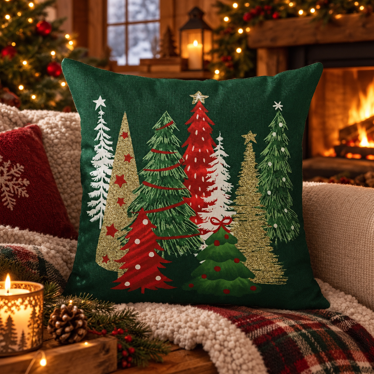 Housse de Coussin Sapin & Tartan — housse de coussin de Noël, Sapins brodés sur fond vert