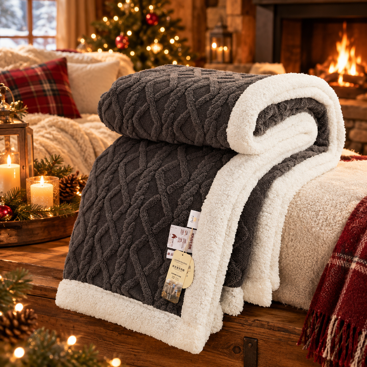 Plaid Sherpa Nordique — plaid polaire double face sherpa, Gris