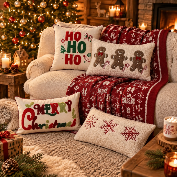 Housse de Coussin Brodée Veillée — housse de coussin brodée de Noël