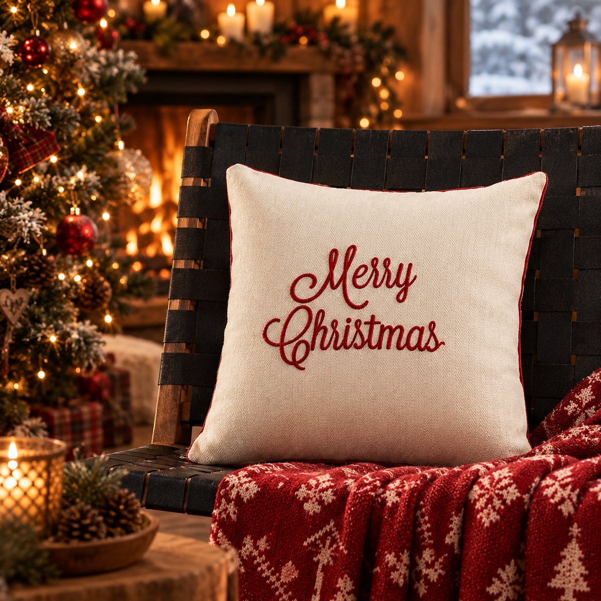 Housse de Coussin Brodée Veillée — housse brodée 45 × 45 cm, Merry Christmas doré sur écru