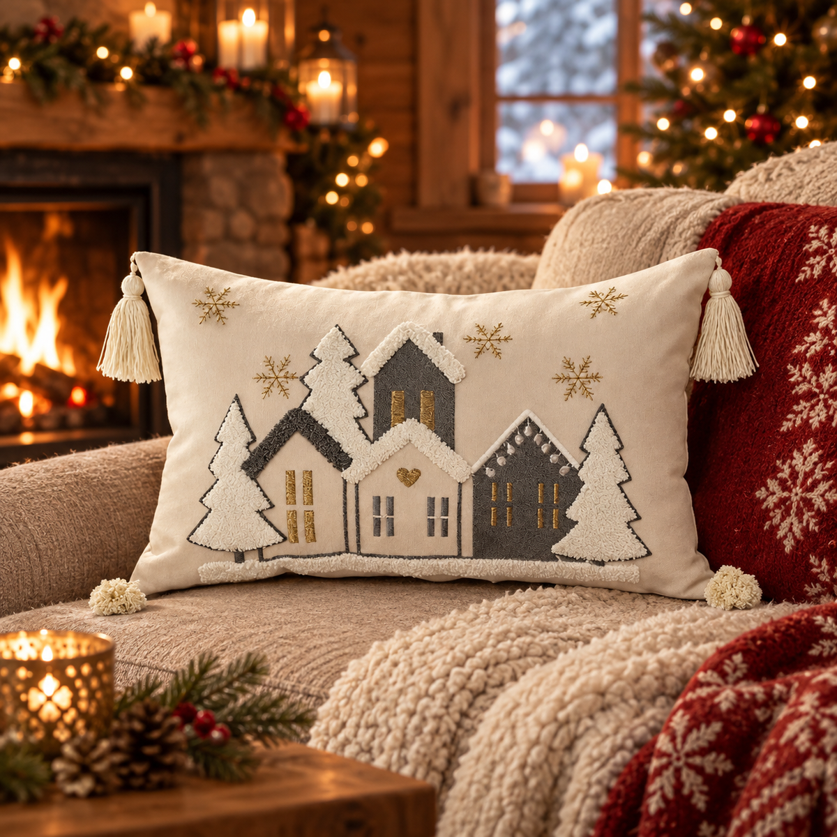 Housse de Coussin Brodée Veillée — housse brodée 30 × 50 cm, maisons sous la neige